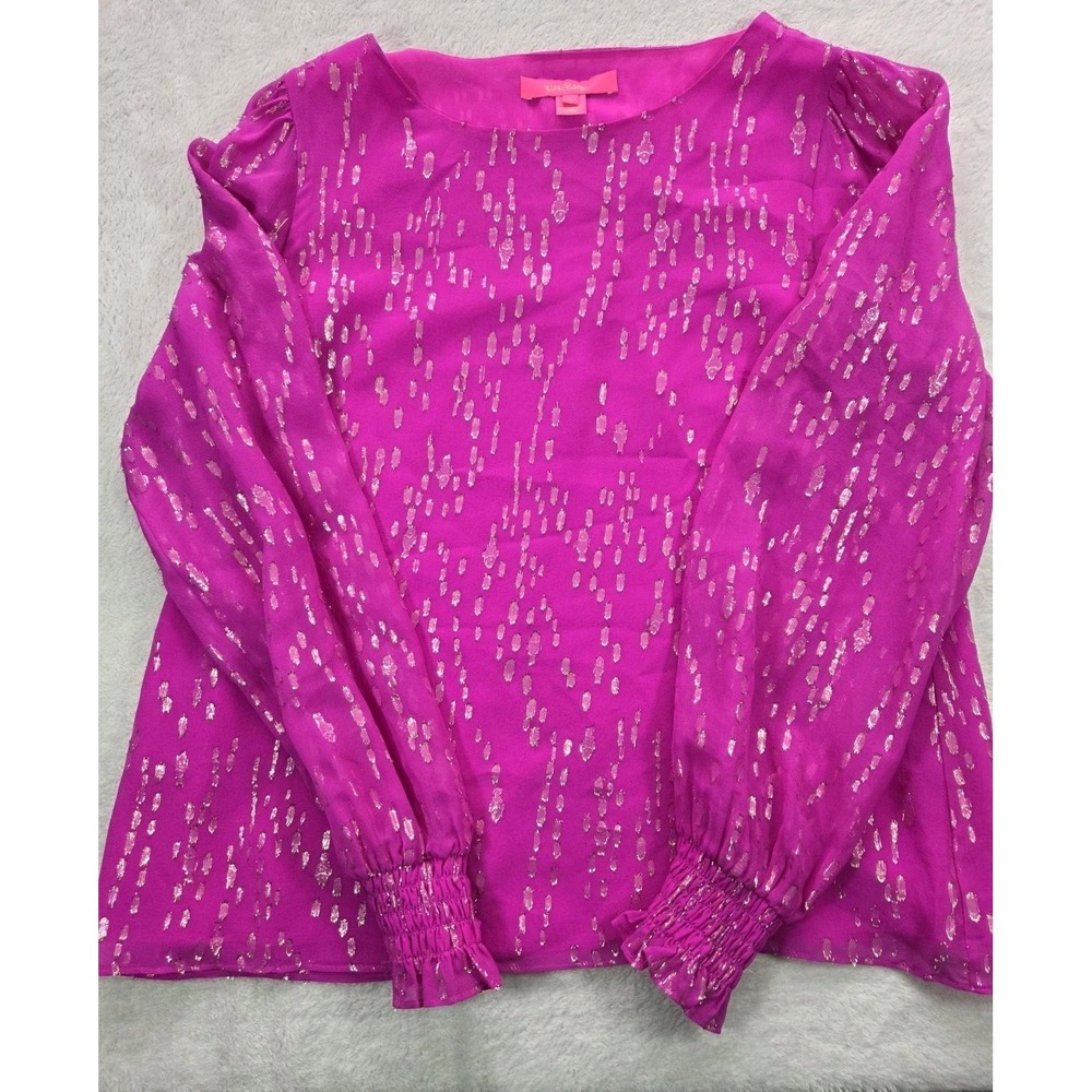 Lilly Pulitzer Silk Metallic Blouse Small Pink Fuchsia Gold